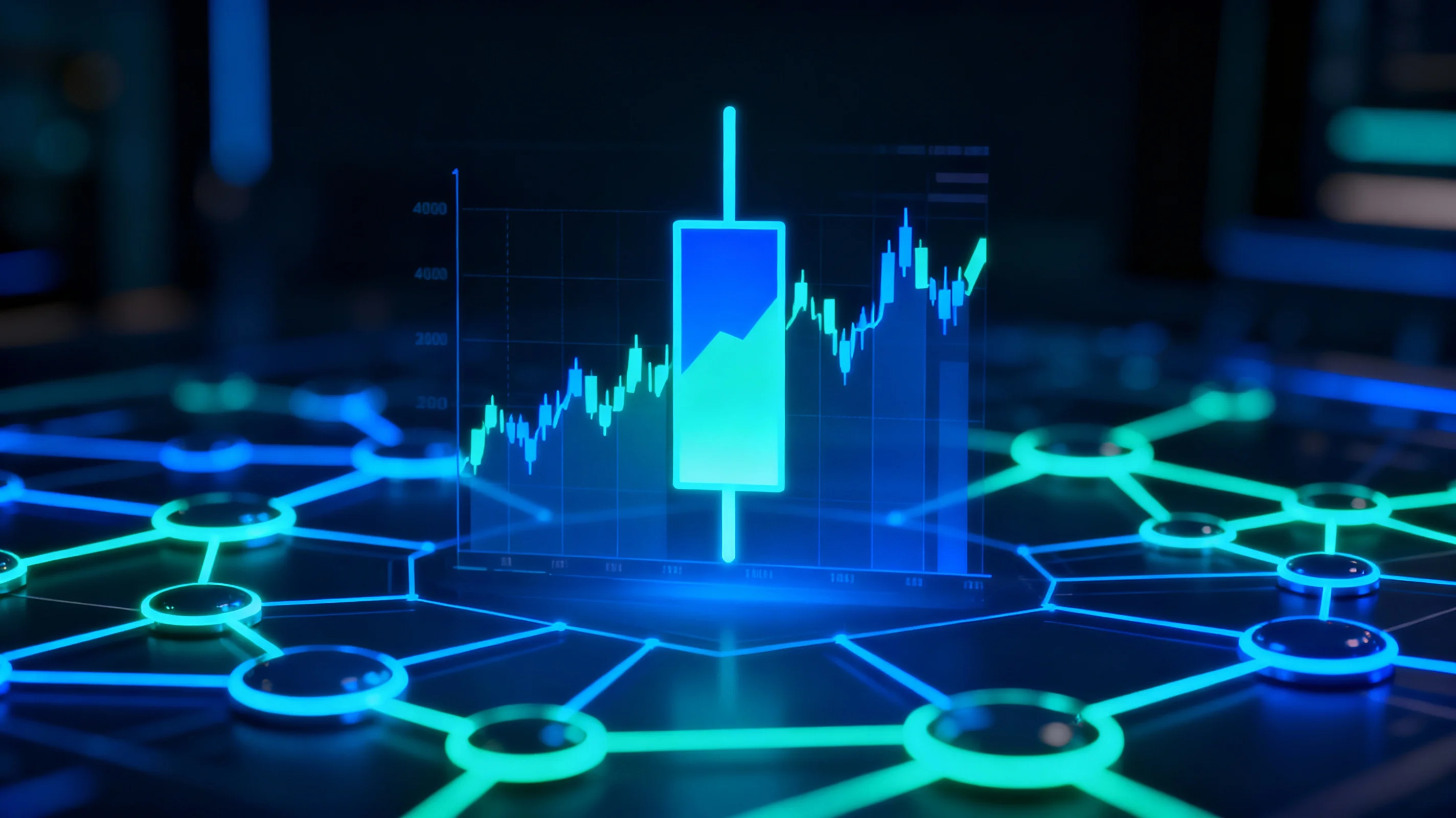 Grafic pentru știri cripto cu diagrame de preț &icirc;n nuanțe de albastru și teal neon